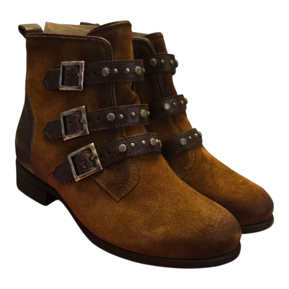 Miz Mooz Wide Width Hazlenut Brown Leather Buckled Ankle Boots - Sherri Size 36